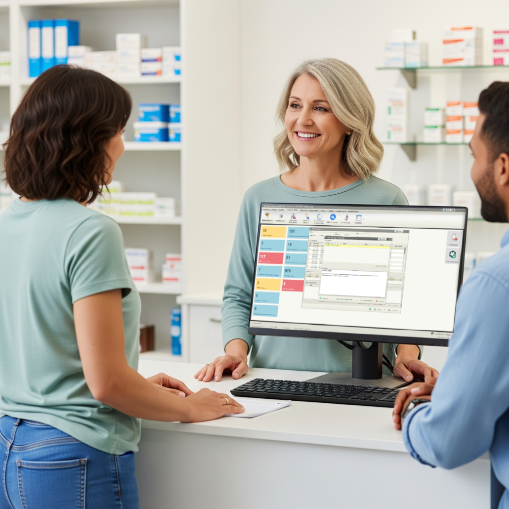 atendente fazendo acompanhamento farmacêutico na farmácia